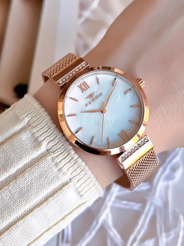 Ferro Hasır Kordonlu Rose Gold Kararmaz Renk Atmaz 3 Atm  Özel Tasarım Kadın Kol Saat BF21209CWT-C ürün görseli
