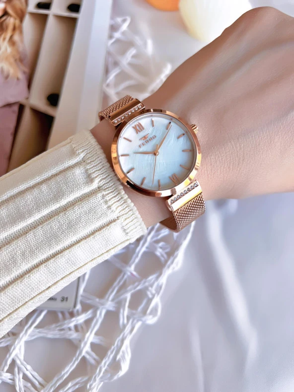 Ferro Hasır Kordonlu Rose Gold Kararmaz Renk Atmaz 3 Atm  Özel Tasarım Kadın Kol Saat BF21209CWT-C - Resim 2