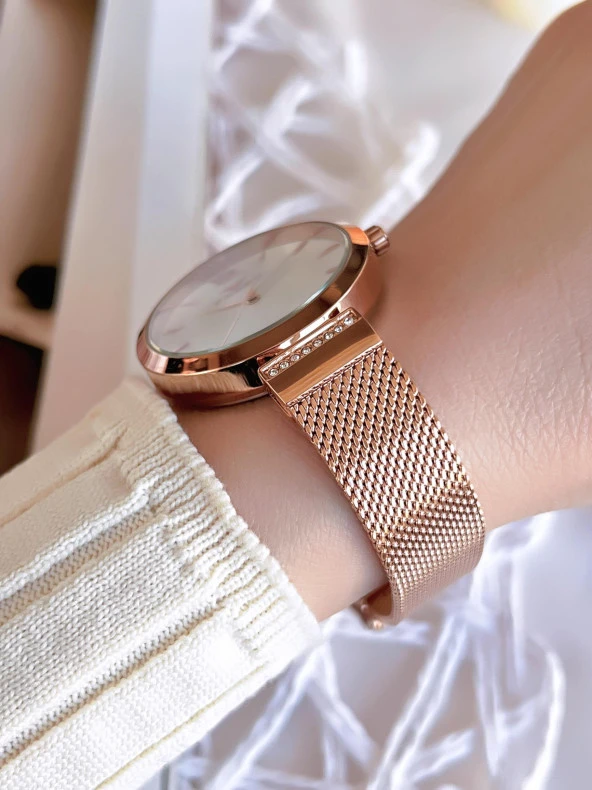 Ferro Hasır Kordonlu Rose Gold Kararmaz Renk Atmaz 3 Atm  Özel Tasarım Kadın Kol Saat BF21209CWT-C - Resim 3