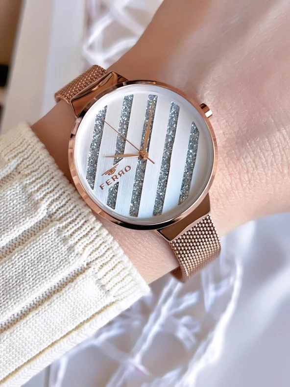Ferro Hasır Kordonlu Rose Gold Kararmaz Renk Atmaz 3 Atm  Özel Tasarım Kadın Kol Saat BF21153CWT-C ürün görseli