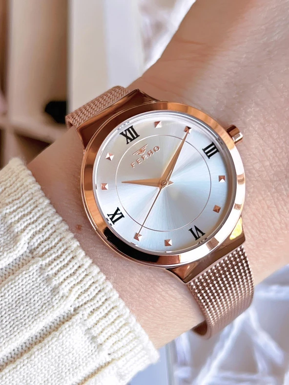 Ferro Hasır Kordonlu Rose Gold Kararmaz Renk Atmaz 3 Atm  Özel Tasarım Kadın Kol Saat BF21040CWT ürün görseli