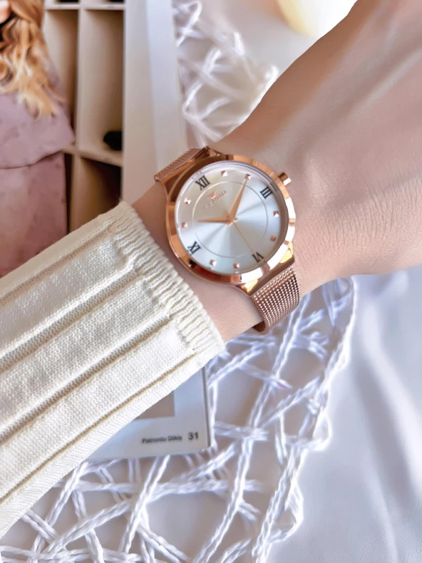 Ferro Hasır Kordonlu Rose Gold Kararmaz Renk Atmaz 3 Atm  Özel Tasarım Kadın Kol Saat BF21040CWT - Resim 3