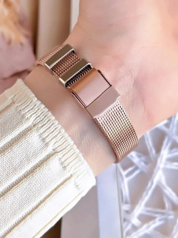 Ferro Hasır Kordonlu Rose Gold Kararmaz Renk Atmaz 3 Atm  Özel Tasarım Kadın Kol Saat BF21040CWT - Resim 4
