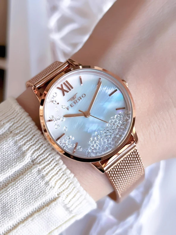 Ferro Hasır Kordonlu Rose Gold Kararmaz Renk Atmaz 3 Atm  Özel Tasarım Kadın Kol Saati BF21934CWT-C ürün görseli