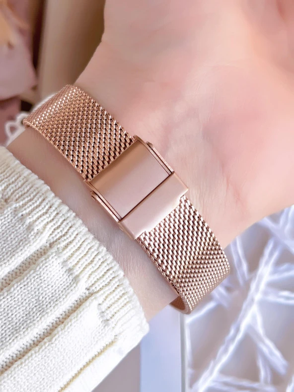 Ferro Hasır Kordonlu Rose Gold Kararmaz Renk Atmaz 3 Atm  Özel Tasarım Kadın Kol Saati BF21934CWT-C - Resim 4