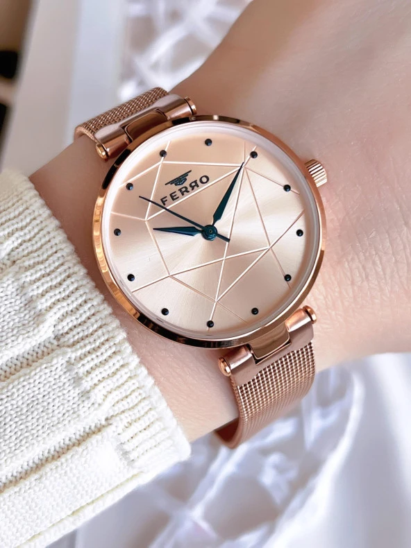 Ferro Hasır Kordonlu Rose Gold Kararmaz Renk Atmaz 3 Atm  Özel Tasarım Kadın Kol Saati BF40-087 ürün görseli