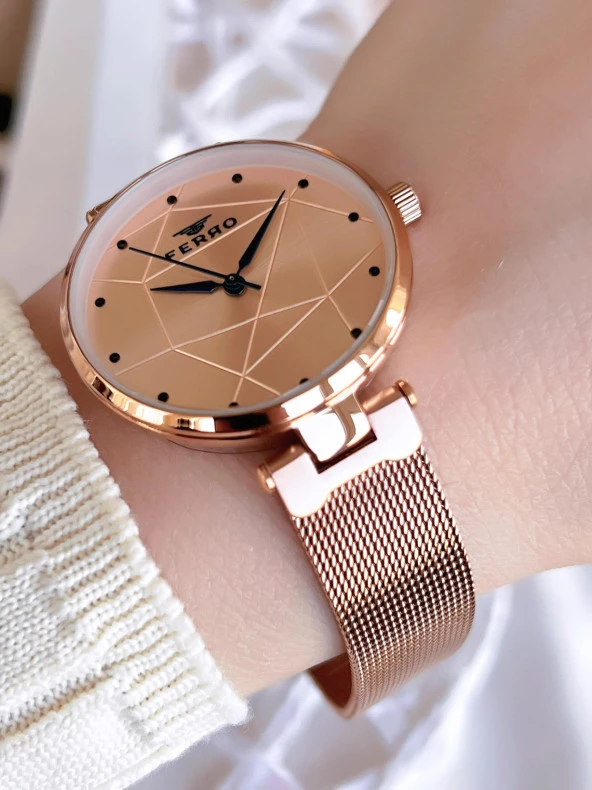 Ferro Hasır Kordonlu Rose Gold Kararmaz Renk Atmaz 3 Atm  Özel Tasarım Kadın Kol Saati BF40-087 - Resim 2