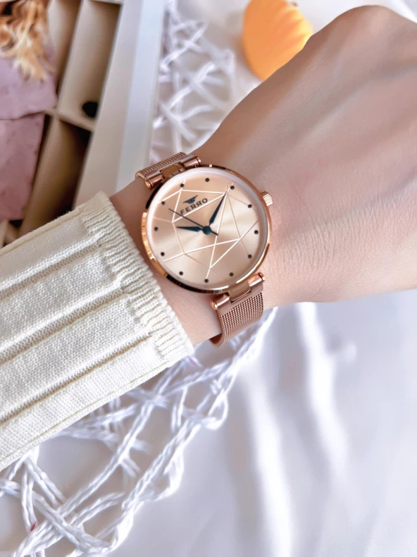 Ferro Hasır Kordonlu Rose Gold Kararmaz Renk Atmaz 3 Atm  Özel Tasarım Kadın Kol Saati BF40-087 - Resim 3