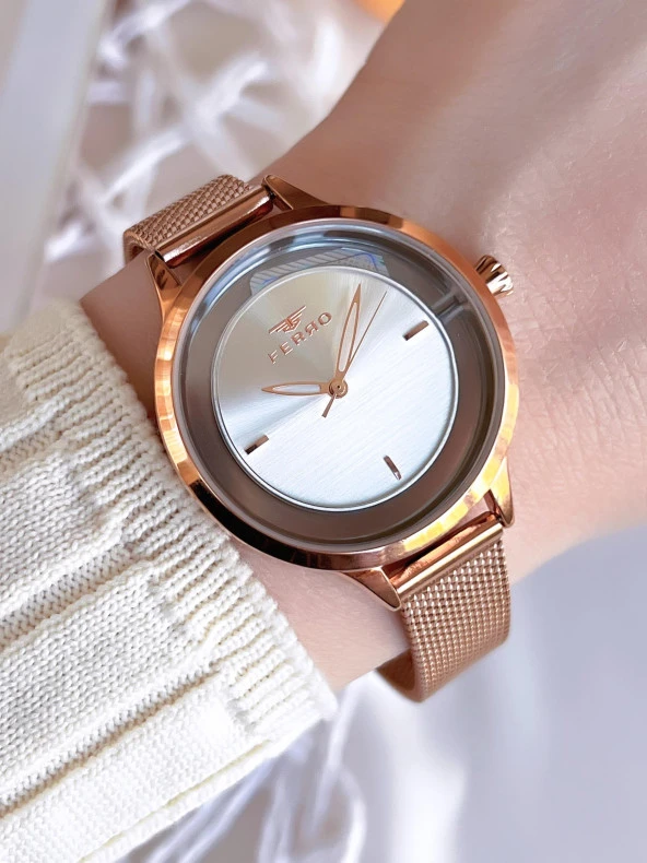 Ferro Hasır Kordonlu Rose Gold Kararmaz Renk Atmaz 3 Atm  Özel Tasarım Kadın Kol Saati BMN8C1112FF ürün görseli 1