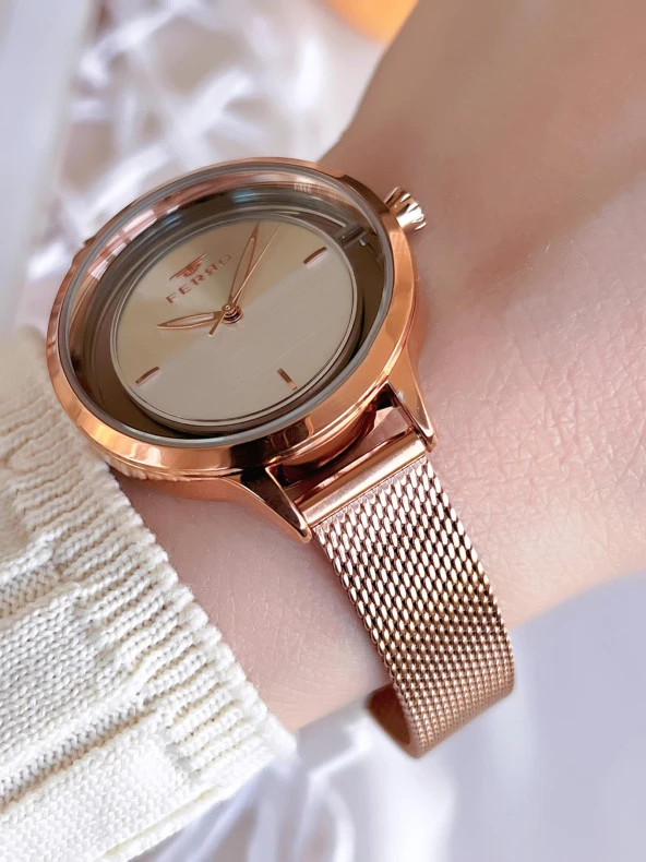 Ferro Hasır Kordonlu Rose Gold Kararmaz Renk Atmaz 3 Atm  Özel Tasarım Kadın Kol Saati BMN8C1112FF - Resim 2