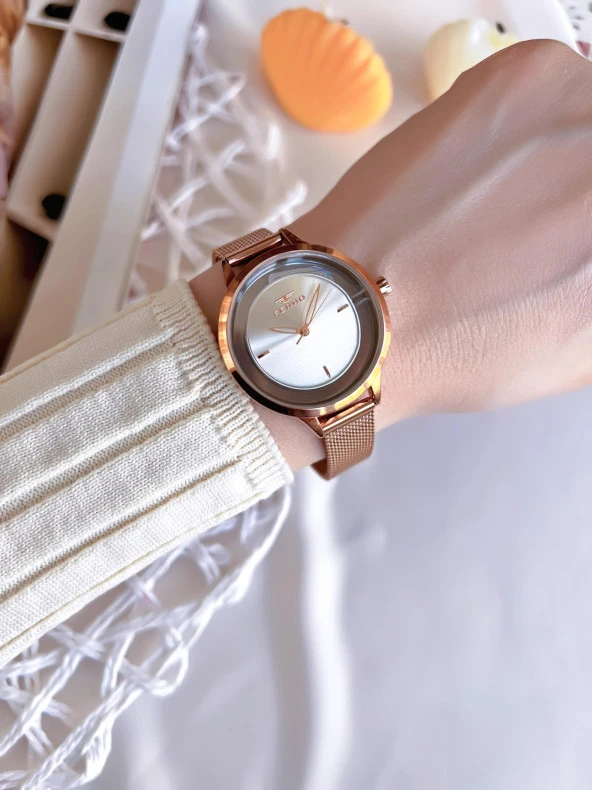 Ferro Hasır Kordonlu Rose Gold Kararmaz Renk Atmaz 3 Atm  Özel Tasarım Kadın Kol Saati BMN8C1112FF - Resim 3