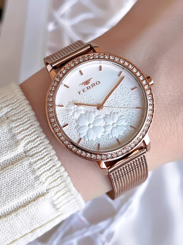 Ferro Hasır Kordonlu Rose Gold Kararmaz Renk Atmaz 3 Atm  Özel Tasarım Kadın Kol Saati BFL21242-C