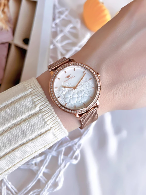 Ferro Hasır Kordonlu Rose Gold Kararmaz Renk Atmaz 3 Atm Özel Tasarım Kadın Kol Saati BFL21242-C - 3