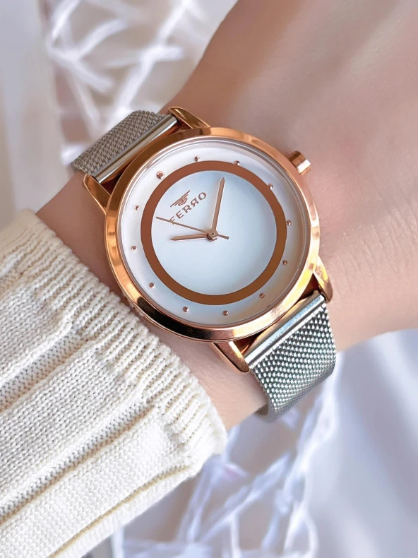 Ferro Hasır Kordonlu Gümüş/Rose Kararmaz Renk Atmaz 3 Atm  Özel Tasarım Kadın Kol Saati BF21070CWT