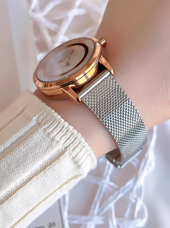 Ferro Hasır Kordonlu Gümüş/Rose Kararmaz Renk Atmaz 3 Atm  Özel Tasarım Kadın Kol Saati BF21070CWT - 2