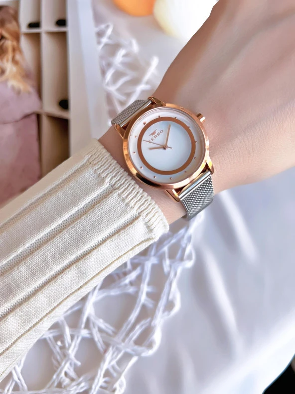 Ferro Hasır Kordonlu Gümüş/Rose Kararmaz Renk Atmaz 3 Atm  Özel Tasarım Kadın Kol Saati BF21070CWT - 3