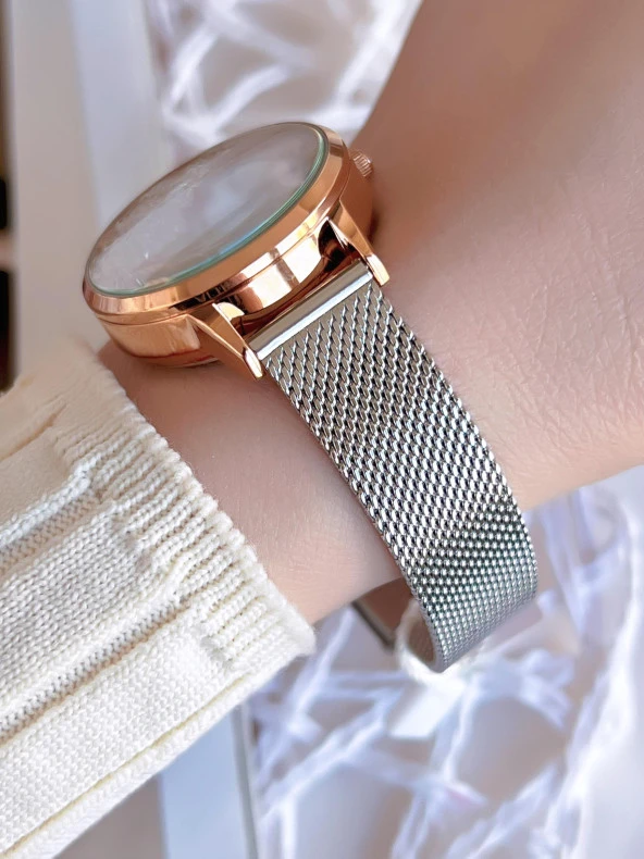 Ferro Hasır Kordonlu Gümüş/Rose Kararmaz Renk Atmaz 3 Atm  Özel Tasarım Kadın Kol Saati BF21934CWT-E - 3