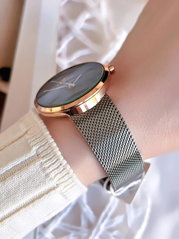 Ferro Hasır Kordonlu Gümüş/Rose Kararmaz Renk Atmaz 3 Atm  Özel Tasarım Kadın Kol Saati BF81753CWT - Resim 3