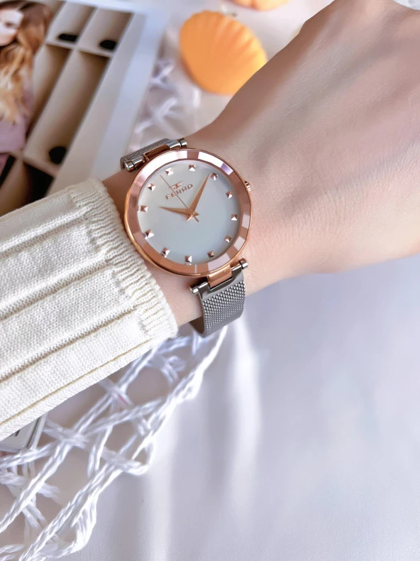 Ferro Hasır Kordonlu Gümüş/Rose Kararmaz Renk Atmaz 3 Atm  Özel Tasarım Kadın Kol Saati B8C4012FE - Resim 3