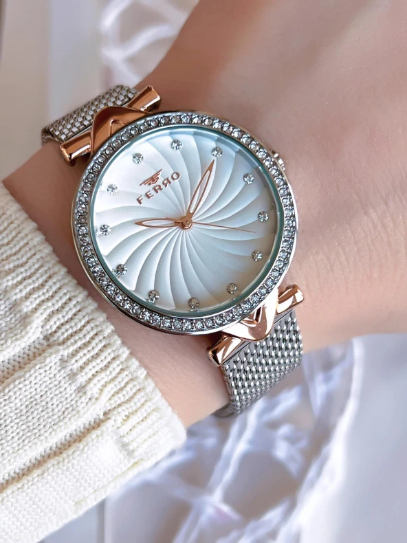 Ferro Hasır Kordonlu Gümüş/Rose Kararmaz Renk Atmaz 3 Atm  Özel Tasarım Kadın Kol Saati BF2665CWT-E ürün görseli