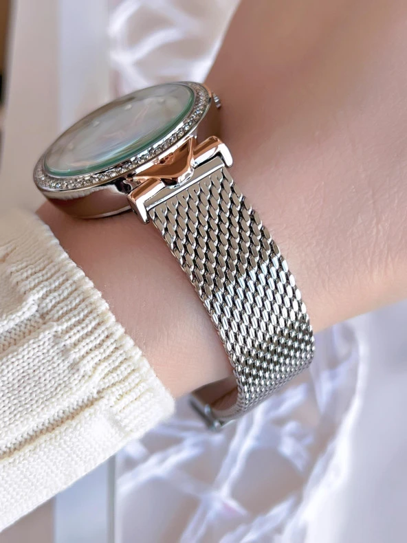 Ferro Hasır Kordonlu Gümüş/Rose Kararmaz Renk Atmaz 3 Atm  Özel Tasarım Kadın Kol Saati BF2665CWT-E - Resim 3