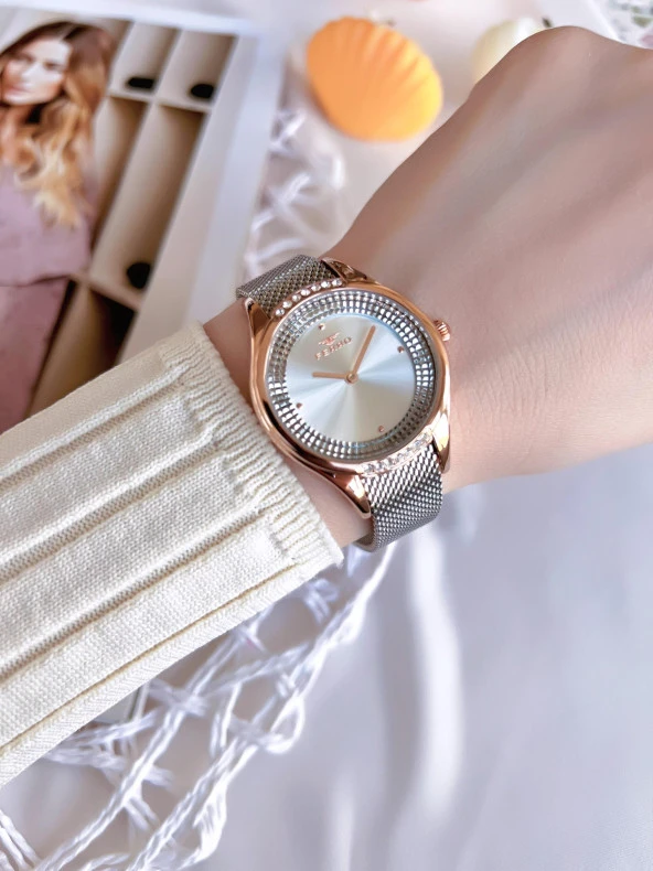 Ferro Hasır Kordonlu Gümüş/Rose Kararmaz Renk Atmaz 3 Atm  Özel Tasarım Kadın Kol Saati BFL21319C-E - Resim 2