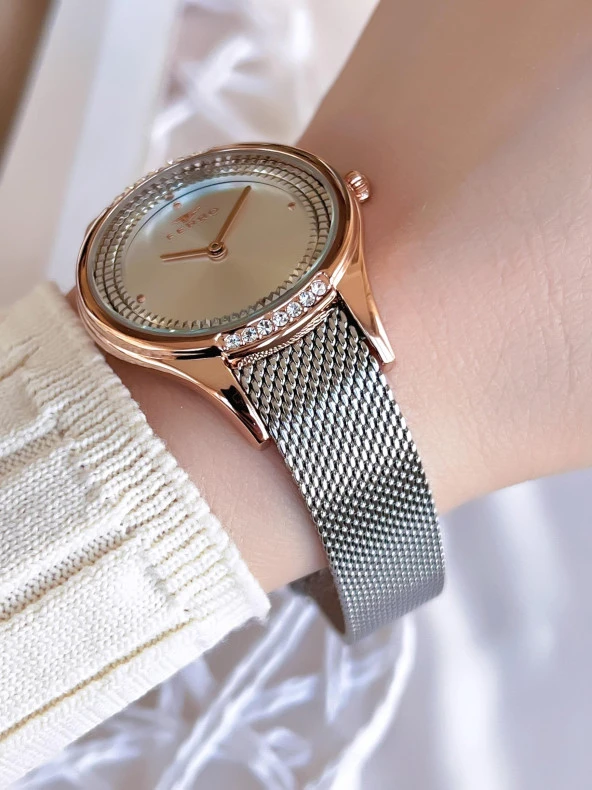 Ferro Hasır Kordonlu Gümüş/Rose Kararmaz Renk Atmaz 3 Atm  Özel Tasarım Kadın Kol Saati BFL21319C-E - Resim 3