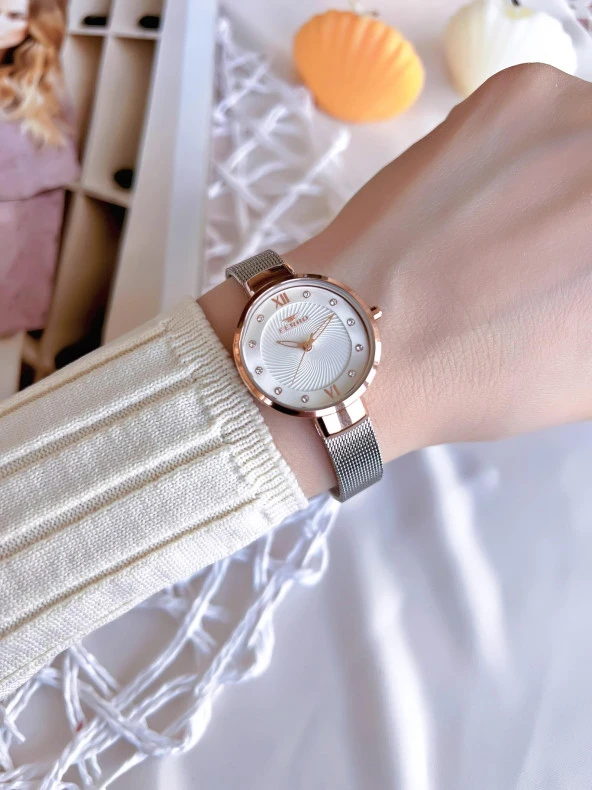 Ferro Hasır Kordonlu Gümüş/Rose Kararmaz Renk Atmaz 3 Atm  Özel Tasarım Kadın Kol Saati BF1618CWT-E - Resim 2