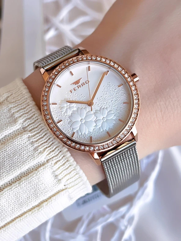 Ferro Hasır Kordonlu Gümüş/Rose Kararmaz Renk Atmaz 3 Atm  Özel Tasarım Kadın Kol Saati BFL2124CWT-E ürün görseli
