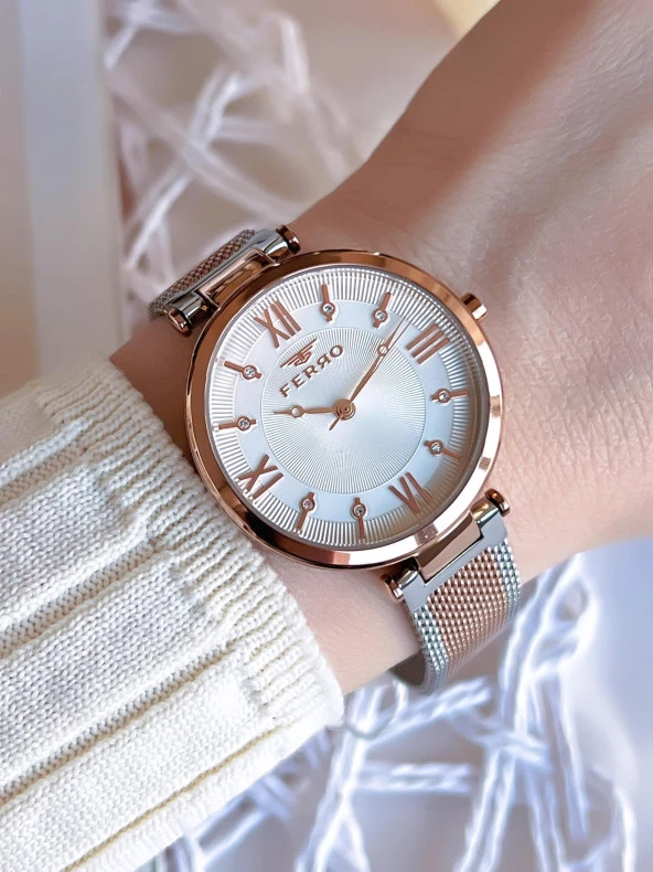 Ferro Hasır Kordonlu Gümüş/Rose Kararmaz Renk Atmaz 3 Atm  Özel Tasarım Kadın Kol Saati BF2123CWT-E ürün görseli