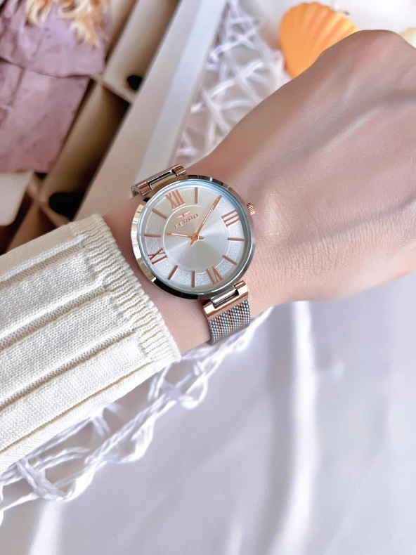 Ferro Hasır Kordonlu Gümüş/Rose Kararmaz Renk Atmaz 3 Atm  Özel Tasarım Kadın Kol Saati BF21155CWT-E - Resim 3