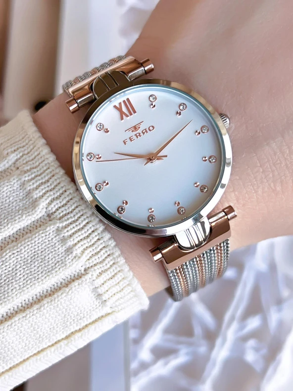Ferro Hasır Kordonlu Gümüş/Rose Kararmaz Renk Atmaz 3 Atm  Özel Tasarım Kadın Kol Saati BFL21318CWT-E ürün görseli