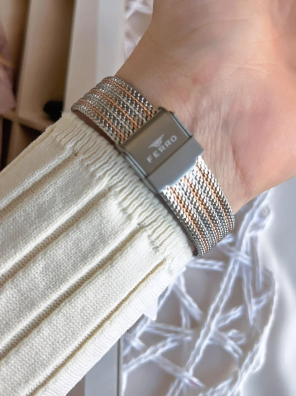 Ferro Hasır Kordonlu Gümüş/Rose Kararmaz Renk Atmaz 3 Atm  Özel Tasarım Kadın Kol Saati BFL21318CWT-E - Resim 4