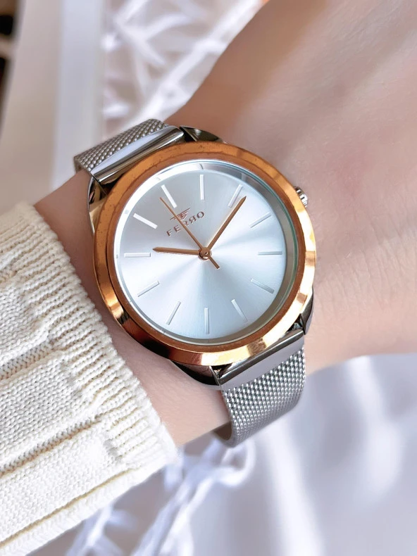 Ferro Hasır Kordonlu Gümüş/Rose Kararmaz Renk Atmaz 3 Atm  Özel Tasarım Kadın Kol Saati BF21073CWT-E ürün görseli
