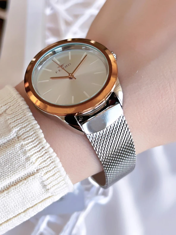 Ferro Hasır Kordonlu Gümüş/Rose Kararmaz Renk Atmaz 3 Atm  Özel Tasarım Kadın Kol Saati BF21073CWT-E - Resim 2