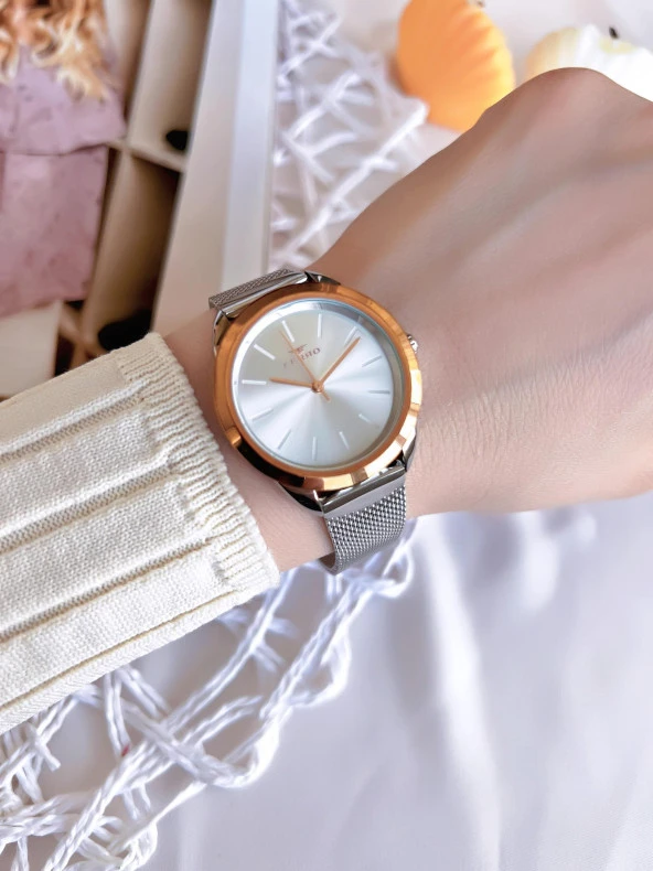 Ferro Hasır Kordonlu Gümüş/Rose Kararmaz Renk Atmaz 3 Atm  Özel Tasarım Kadın Kol Saati BF21073CWT-E - Resim 3