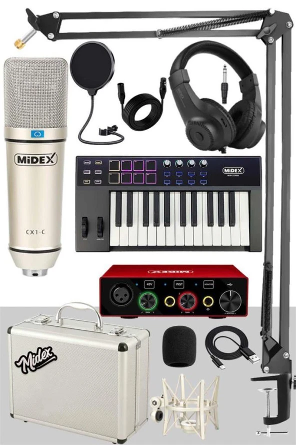 Midex Midi Paket-3 Stüdyo Ekipmanları Seti Ses Kartı Midi Klavye Mikrofon Kulaklık