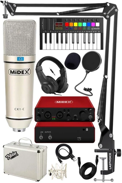 Midex Midi Paket-3 Stüdyo Ekipmanları Seti Ses Kartı Midi Klavye Mikrofon Kulaklık ürün görseli 1