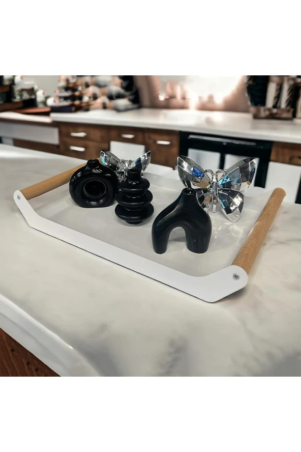 AHŞAP SAPLI 40X25 DEKORATİF METAL TEPSİ BEYAZ, SUNUM, DEKORATİF TEPSİ - 2