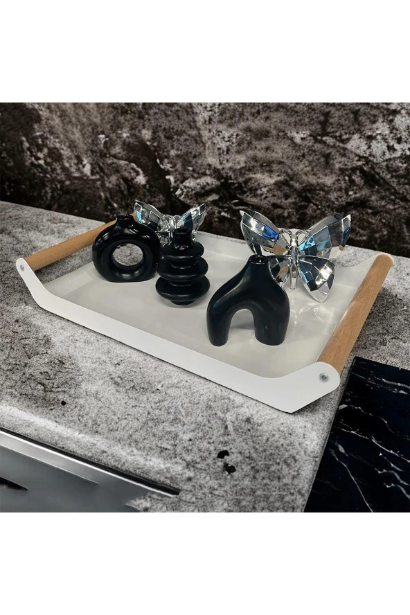 AHŞAP SAPLI 40X25 DEKORATİF METAL TEPSİ BEYAZ, SUNUM, DEKORATİF TEPSİ - 4