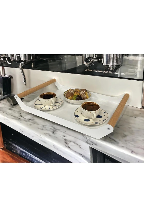 AHŞAP SAPLI 40X25 DEKORATİF METAL TEPSİ BEYAZ, SUNUM, DEKORATİF TEPSİ - 5