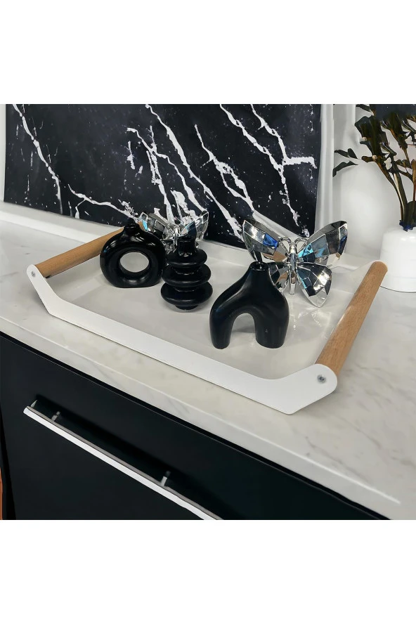 AHŞAP SAPLI 40X25 DEKORATİF METAL TEPSİ BEYAZ, SUNUM, DEKORATİF TEPSİ - 7