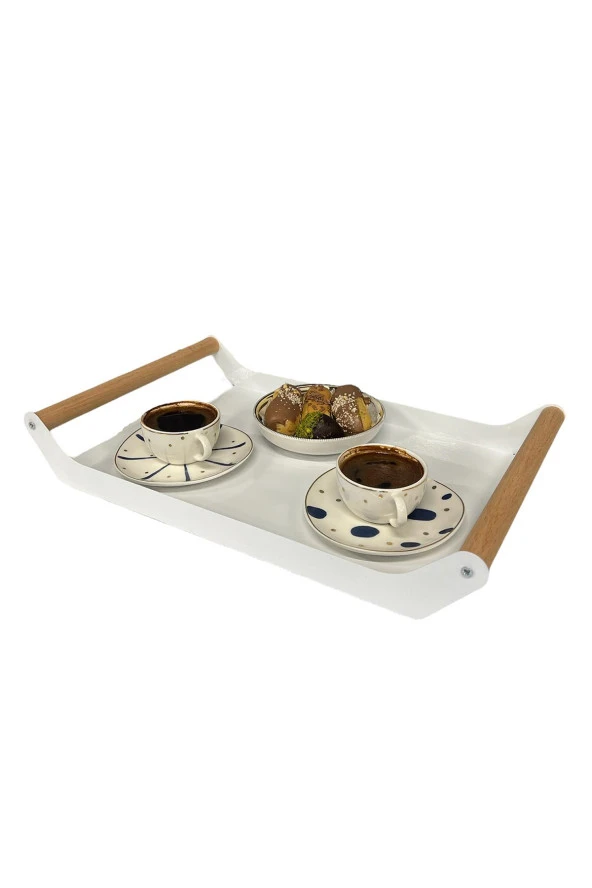 AHŞAP SAPLI 40X25 DEKORATİF METAL TEPSİ BEYAZ, SUNUM, DEKORATİF TEPSİ - 9