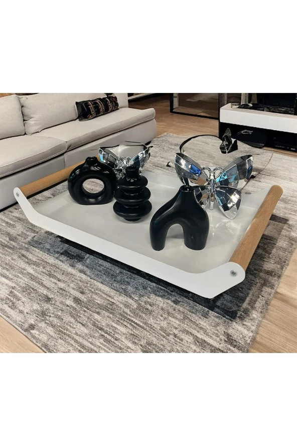 AHŞAP SAPLI 40X25 DEKORATİF METAL TEPSİ BEYAZ, SUNUM, DEKORATİF TEPSİ - 10