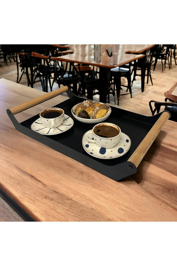 AHŞAP SAPLI 40X25 DEKORATİF METAL TEPSİ SİYAH, SUNUM, DEKORATİF TEPSİ