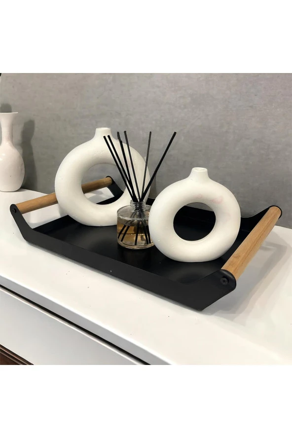 AHŞAP SAPLI 40X25 DEKORATİF METAL TEPSİ SİYAH, SUNUM, DEKORATİF TEPSİ - 2