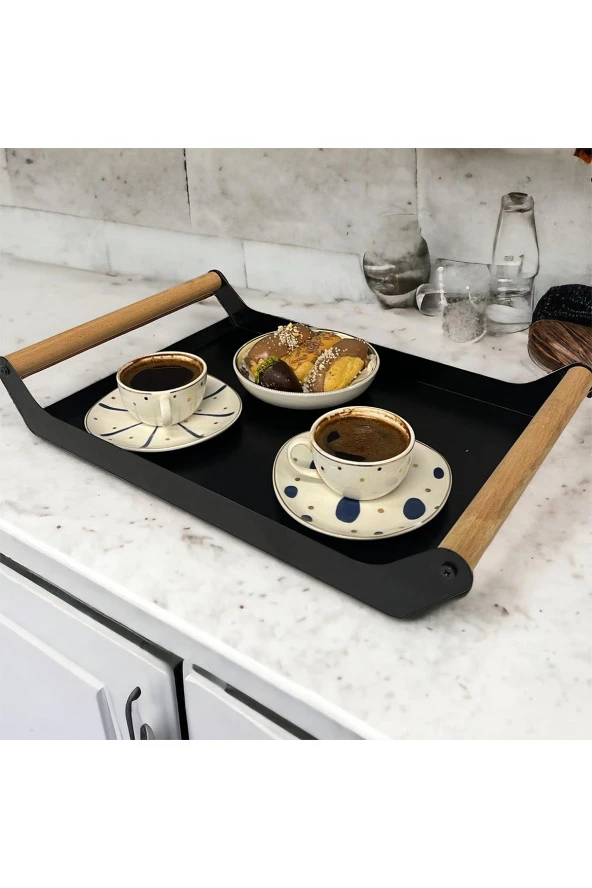 AHŞAP SAPLI 40X25 DEKORATİF METAL TEPSİ SİYAH, SUNUM, DEKORATİF TEPSİ - 3