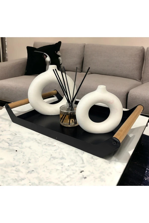 AHŞAP SAPLI 40X25 DEKORATİF METAL TEPSİ SİYAH, SUNUM, DEKORATİF TEPSİ - 4