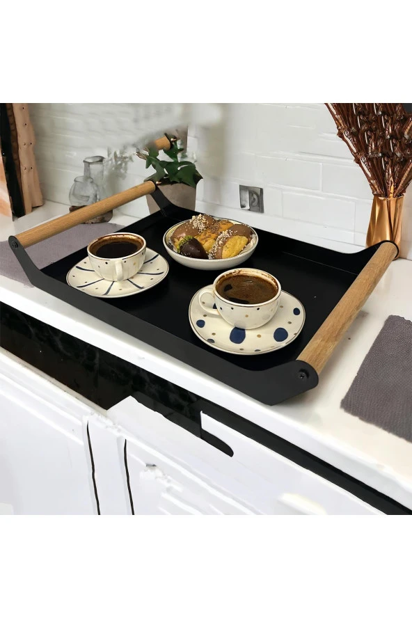 AHŞAP SAPLI 40X25 DEKORATİF METAL TEPSİ SİYAH, SUNUM, DEKORATİF TEPSİ - 5