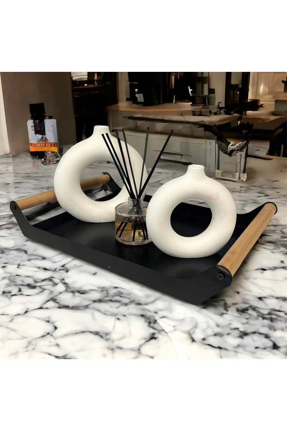 AHŞAP SAPLI 40X25 DEKORATİF METAL TEPSİ SİYAH, SUNUM, DEKORATİF TEPSİ - 6